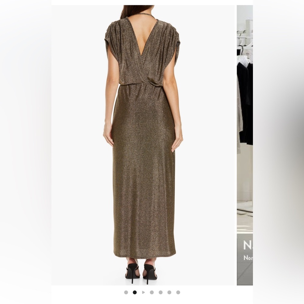Fraiche by J Drapey Metallic Bronze V-Neck Women’s Evening Dress - Picture 2 of 9